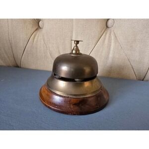 Vintage Brass Desk Bell With Wooden Base Hotel Reception Service Bell